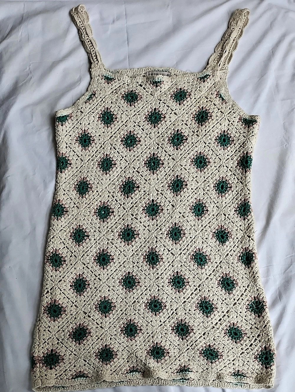 Sincerely Jules Cream & Teal Granny Square Crochet Mini Dress Size S